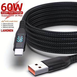 LAIHONEN 60W 9V2A 6FT USB-A to C Cable LED Display Nylon Braided Charge For IPhone15 Pro Samsung S23 iPad Pro MacBook22 Google