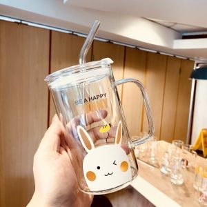 Water Cup Glass Lid Straw Large Capacity with Handle Scale Thick Heat-Resistant Tea Cup Office Cup Children Cute