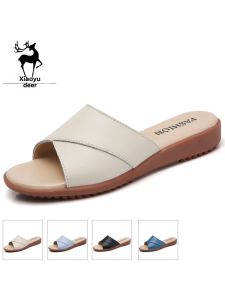 Summer Genuine Leather Flat Bottom Korean Style Beach Shoes Womens Soft Bottom Anti-Slip Outdoor Slippers Sandals