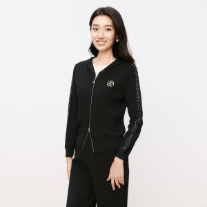 Koradior | Spring Black Casual Simple Work Hooded Knitted Cardigan