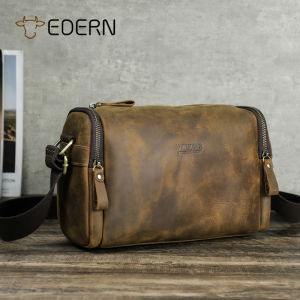 EDERN กระเป๋าสะพายไหล่หนังม้าบ้าสไตล์เรโทรสำหรับผู้ชาย กระเป๋าเมสเซนเจอร์หนังวัวแบบลำลองแฟชั่น กระเป๋าสะพายข้างผู้ชายความจุขนาดใหญ่ กระเป๋าสลิง