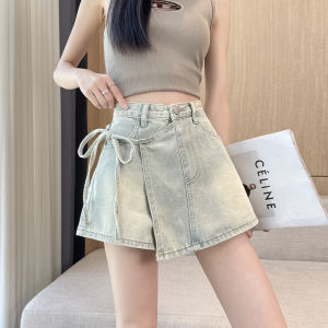 High Waist Denim Mini Skirt Womens Summer Thin Wide Leg Short A-Line Skirt Butterfly Knot Cotton Polyester Blend Short Dress