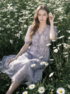 XIANGYING | French Lilac Purple V-neck Printed Waist-defining Ruffle Hem Dress
