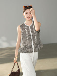 French Vintage Gingham Lace Sleeveless Summer Blouse Breathable