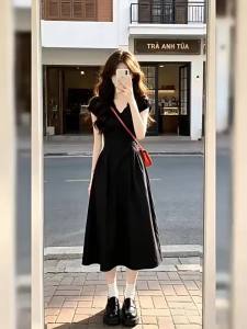 PEIZIXUAN | Hepburn Style V-Neck Black Long Dress Summer New Arrival