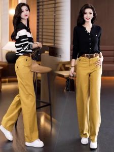 Yellow Soft Wide Leg Jeans Womens Trendy Slim High Waist Straight Leg Pants Casual Style Zipper Closure Long Trousers