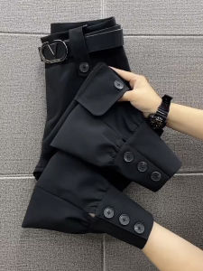 Black Thickened Martin Boots Style Womens Casual Pants Spring Autumn High Waist Nine Points Cotton Workwear Trousers