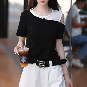 Shalldoer | Fashionable Versatile Womens Summer 2025 Two-Piece Set Short Sleeve T-Shirt Wide Leg Pants Mix Design Polyester Fiber Round Neck
