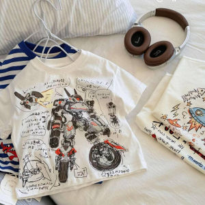 Cool Robot Cartoon Print T-Shirt Childrens Summer Casual Short Sleeve round Neck Kids Fashion Top for Boys And Girls
