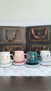 Crown King Queen USB Thermostatic Mug Keep Warm Mug Gift Box Set Ceramic Cup Customize Hantaran Kahwin Valentine Birthday Present Warmer Coaster Couple Mug Set Coffee Breakfast Cup Set Temperature Constant Mug Custom Hadiah Cawan Kopi Murah