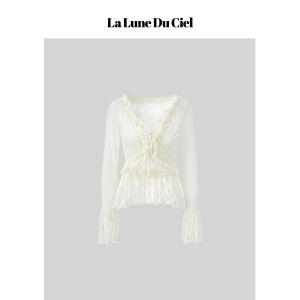La lune Du ciel | Áo Blouse Voan Ngắn Tinh Xảo Cổ V ôm Romantic