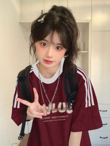 American Three Bars Short Sleeve T-Shirt Women Summer Super Beautiful Couple Loose Cotton Top Trendy Korean Style round Neck