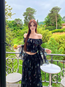 Elegant Long Sleeve Vera Moon Bellflower Princess High Transparent Dress Set Womens Lace Trim Top Long Skirt Casual Summer Fashion