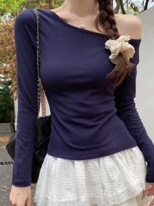 Korean Style Long Sleeve Asymmetric Shoulder T-Shirt Womens Slim Fit Spring New Simple Elegantly Designed Versatile Top