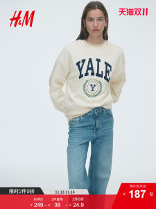 H&M Womens Sweatshirt Loose Long Sleeve American Letter Pattern Trendy Streetwear Cotton Polyester Blend Autumn New Arrival