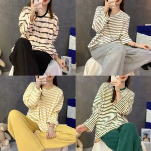 Spring and Autumn New Ladies with Chest Pads Long-Sleeved Long Pants Pajamas Girls Simple Leisure Loose Student Pajamas Homewear