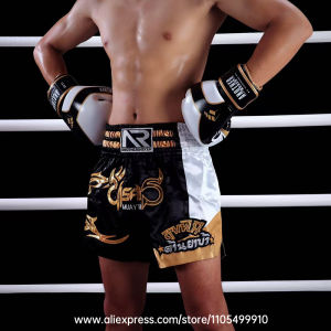 Men‘s Women Kids Professional Muay Thai Shorts Satin Embroidery Patches Side Split Boxing Fight Shorts Kickboxing Training Pants