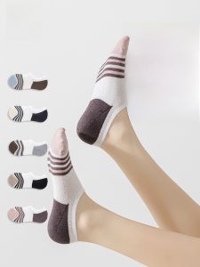 MiiOW | Cat Woman Summer Thin Invisible Anti-slip Boat Socks Women Short Non-fall Off Cotton Polyester Spandex Striped Pattern 5 Pairs