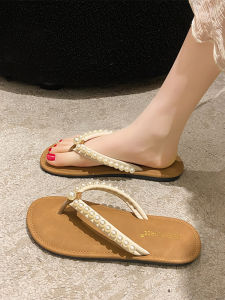Womens Summer Outdoor Sandals 2025 New Pearl Soft Flat Bottom Beach Holiday Thong Slippers Korean Style Youth Casual Slip-On