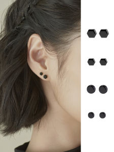 Xiaoxianren 925 Sterling Silver Stud Earrings Mens and Womens Hexagonal round Black Earrings Removal-Free before Sleep Earrings Ins Niche Style