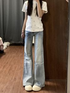 Quần Jeans Ống Loe Lưng Thấp Co Giãn Màu Xanh Nhạt Cho Nữ Quần Jeans Ống Loe Kiểu Dáng Thẳng Co Giãn Thường Ngày Mùa Hè