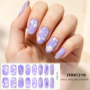 16Tips/Sheet Purple Back White Daisy Nail Polish Strips Glitter Flower Semi-Cured Nails Sticker UV Lamp Need Press On Nail Decal