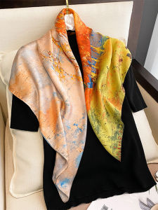 Elegant Soft Color Oils Painting Style Square Scarf Womens Fashion Outerwear Spring Autumn Stylish Shawl Silk Square Scarf