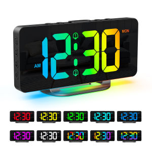 Brifit Colorful Digital Alarm Clock Desktop Clock for Bedroom 7 Inch Digital Clock with 10 Bottom Mood Lights 11 Font Colors 2 Alarm Clocks Snooze Function USB/Type C Charger Adjustable Brightness and Volume Suitable for Kids Teenagers
