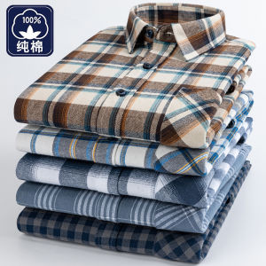 Gingham Shirt Mens Long Sleeves Pure Cotton Middle-Aged Spring and Autumn Casual Loose Dad Outfit Cotton Brushed Plus Size Mens Shirt
