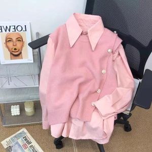 ชุดเสื้อกั๊กแขนสั้นผู้หญิง ชุดเสื้อกั๊กแขนยาวแฟชั่นฤดูใบไม้ร่วง 2023 ชุดเสื้อกั๊กสองชิ้น เสื้อผ้าทำงาน สีพื้น ปกกลม กระดุมเดียว