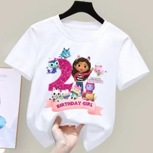 Bandai | Girls White Pink Cotton Short Sleeve T-Shirt Gabbys Dollhouse Birthday Number Casual Top for Summer Party