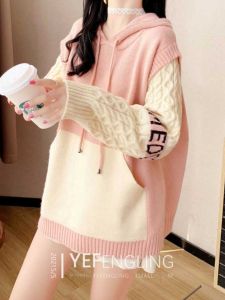 Womens Thickened Hooded Knitted Sweater Spring Autumn Winter New Style Casual Loose Fit Overhead Top Patchwork Design