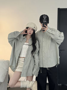 Couples Shirt Autumn American Retro Mens and Womens Coats Niche Design Drawstring Ruffle Long Sleeves Stripes Shirt
