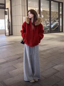 XUECAIQI | Winter Faux Fur Lined Red Outfit Set