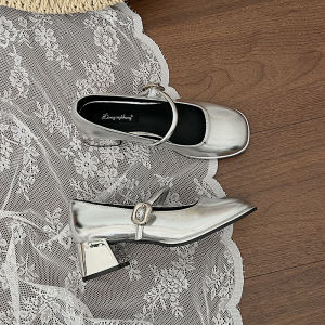 French Mary Jane High Heels Womens 2025 New Autumn Thick Heel Silver Color Slip-On Shoes Match Skirts Fashionable Leather Shoes
