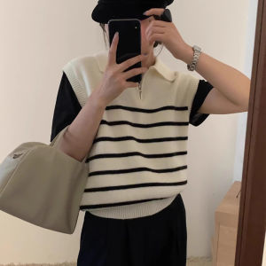 Striped short sleeved polo collar knitted sweater for women 2025 Spring/Summer New Desi