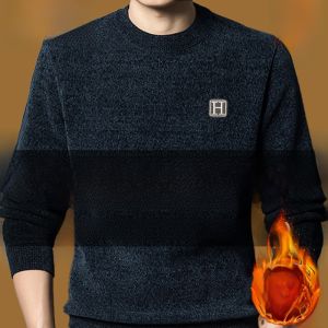 Thickened round Neck Mens Knitted Sweater Winter Warm One-Piece Fleece Base Shirt Fashion Urban Style Long Sleeve Solid Color