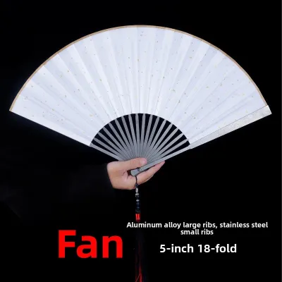 Titanium Alloy Folding Fan Metal Steel Alloy 9.5 Inch Kung Fu Style Fan Ancient Tai Chi Fan Gold Dipped Silk Cloth