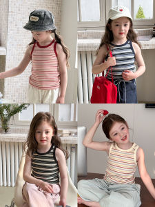 Color Block Stripe Sleeveless T-Shirt Childrens Casual Base Shirt Summer Wear for Girls round Neck Thin Fabric Korean Style