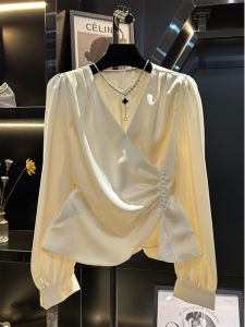 Large Size Autumn New French Style V-Neck Shawl Collar Satin Womens Shirt Special Design Sensation Commute Style Loose Fit