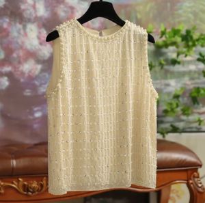 Hand-made Heavy Beaded Sleeveless T Shirt for Women New Fashion Elegant Top Stringed Pearls Luxurious Tank Top Female Clothing