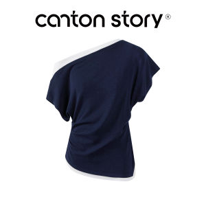 Cantonstory | Áo Thun Dáng Hai Mảnh Màu Xanh Đen Ống Dài Ôm Eo Một Vai