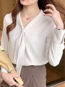 Womens Solid Color V-Neck Ribbon Chiffon Long Sleeve Shirt