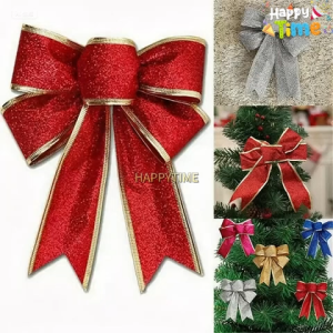 【Happy Time】3pcs 25cm Large Christmas Ribbon Bow Ornaments Decorative Bows for Xmas Tree Wreath Gift Wrapping Party Home Holiday Decoration DIY Crafts