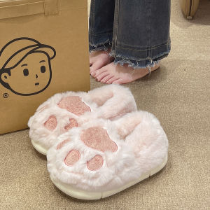 Cute Cat Claw Cotton Slippers Womens Winter Young Adult Heart Home Indoor Non Slip Thick Sole Stuffed Warm Full Heel Wrap Cotton Shoes
