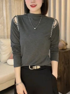 QINGNAER | Slim Fit Diamond Embellished Off-Shoulder High Neck T-Shirt