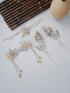 ชุดเครื่องประดับผมสไตล์จีนโบราณแบบเก๋ไก๋สำหรับผู้หญิง ชุดกี่เพ้าฮันฟู ตัวค้างคาวใบไม้แห้ง ชุดเครื่องประดับผมแบบติดกันสองข้าง