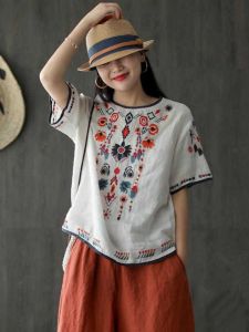 High Quality Cotton Linen Embroidered T-Shirt Womens Loose Fit Overhead Vintage Artistic Style Summer New Arrival