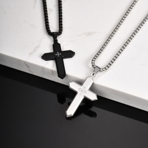 Kemstone Stainless Steel Cross Pendant Necklace with Cubic Zirconia Silver/Black