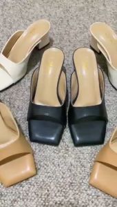 Sandal Mules Wanita Kulit PU Ujung Kapas 5CM Warna Solid Gaya Rendah Pinggang